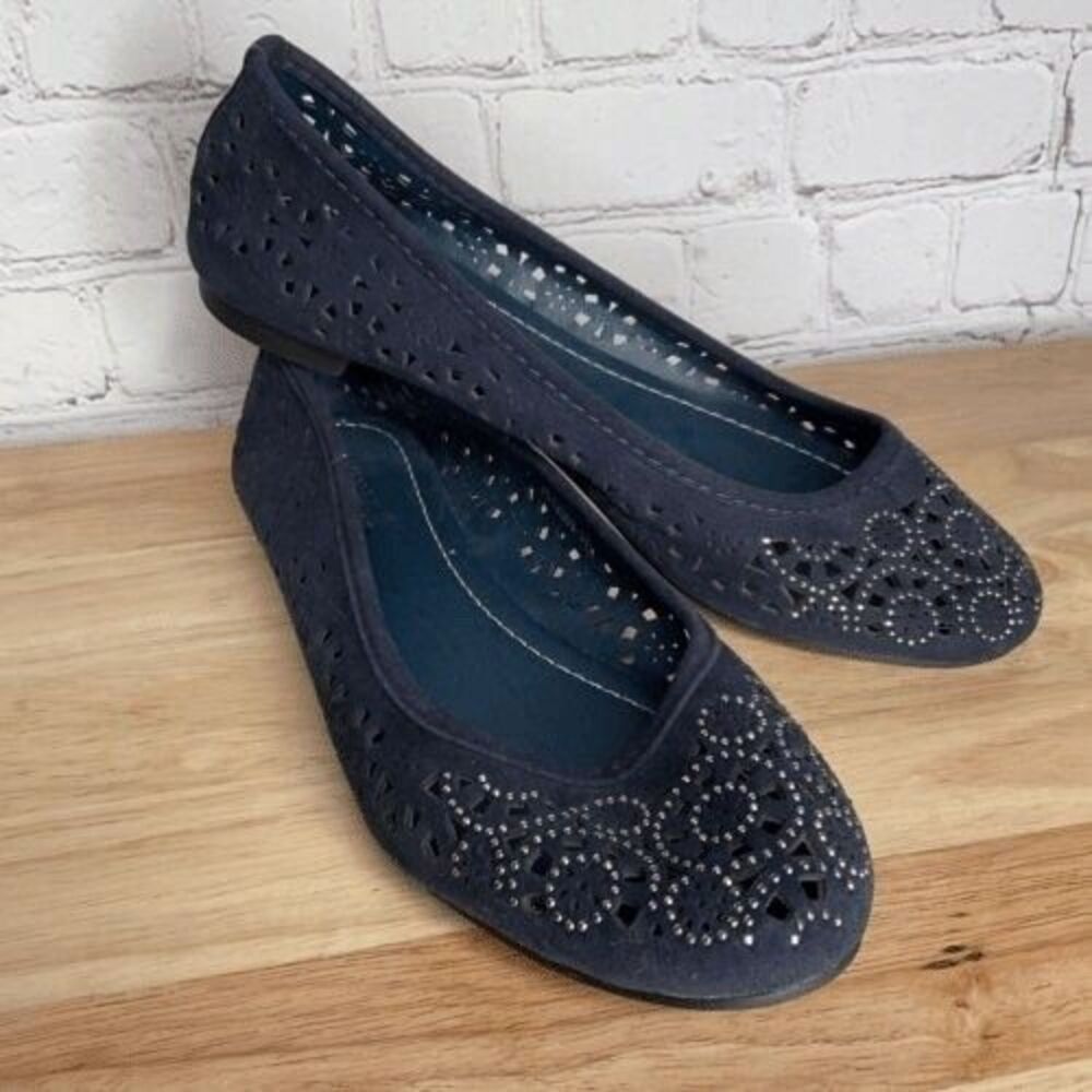 Zanotti Laser Cut Out Navy Blue Studded Slip On Flats Women Size 38/US7.5